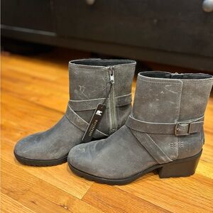 Gray Sorel Cate Leather Buckle Ankle Booties